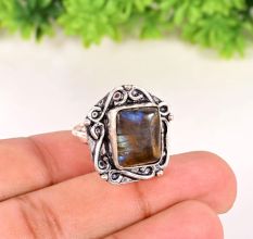 Handmade Oxidized Ring with Labradorite Gemstone for Women